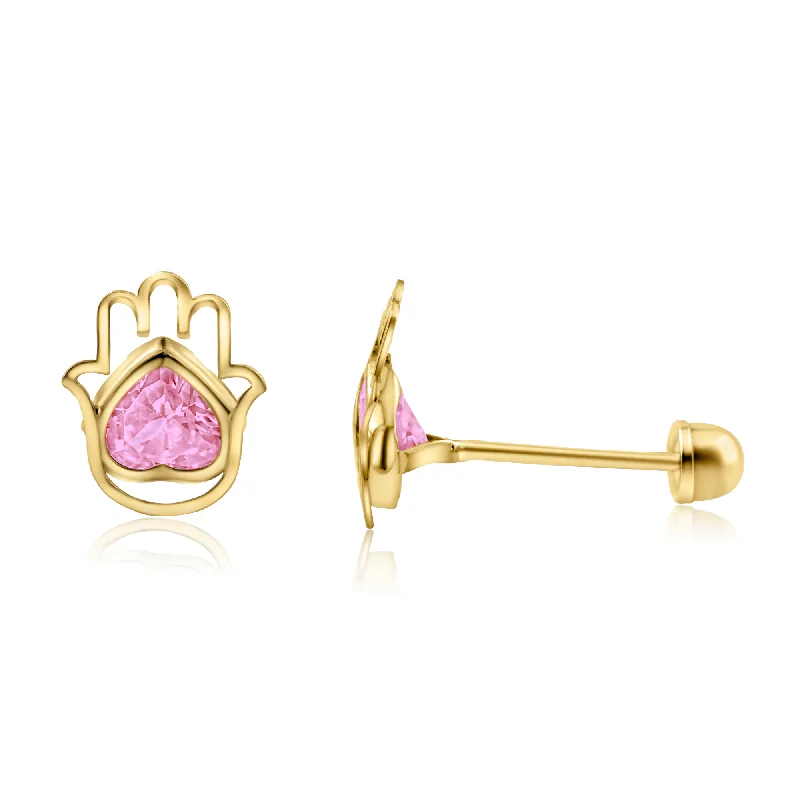 dangling gold earrings for women -14E00313PNK. - 14 Karat Yellow Gold Hamsa Heart Pink CZ Screw Back Stud Earrings