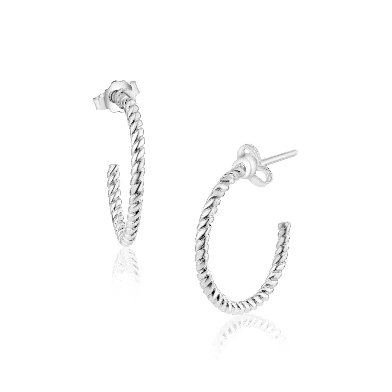 personalized stud earrings for women -Rhodium Plated 925 Sterling Silver Rope Design Semi Hoop Earring 20mm - STE01347