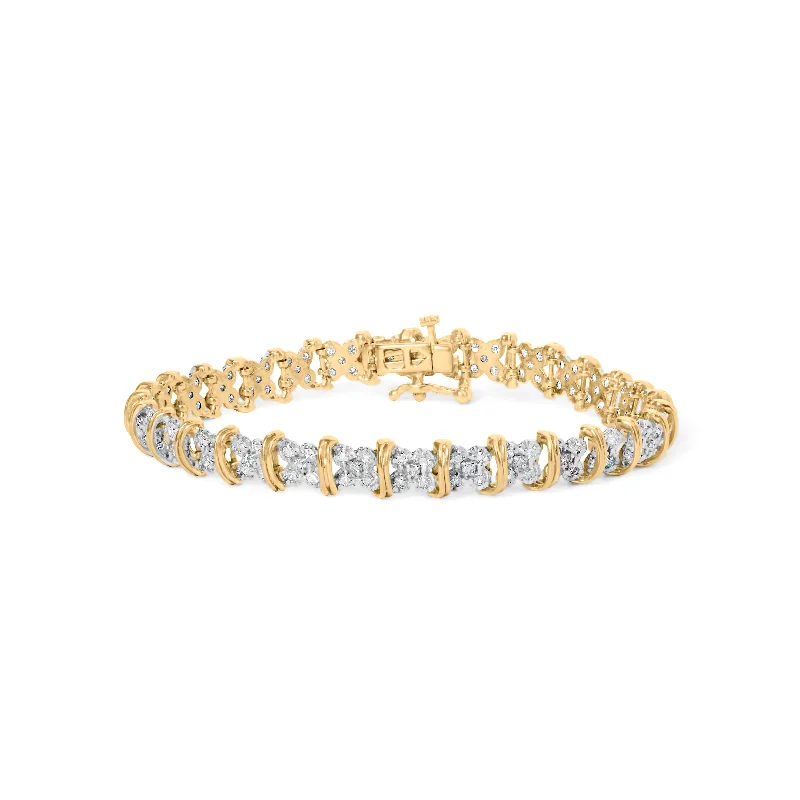 10K Yellow Gold Plated .925 Sterling Silver 2.0 Cttw Round Diamond Cluster "X" Shaped Link Bracelet