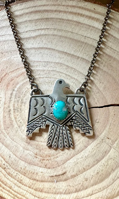 gemstone pendant necklaces for women -THUNDERBIRD Native Sterling Silver & Turquoise Necklace Pendant • 18g