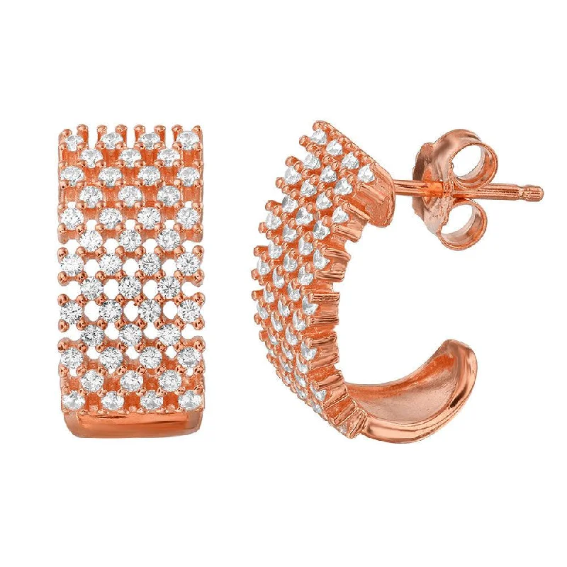 luxury earrings for women -Silver 925 Rose Gold Plated Thick Checkered CZ Semi-huggie hoop Earrings - ACE00083RGP