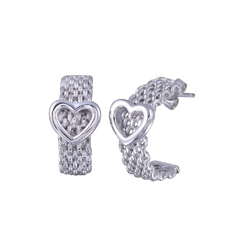 cute earrings for women -Silver 925 Rhodium Plated Rugged Heart Stud Earrings - STE00572