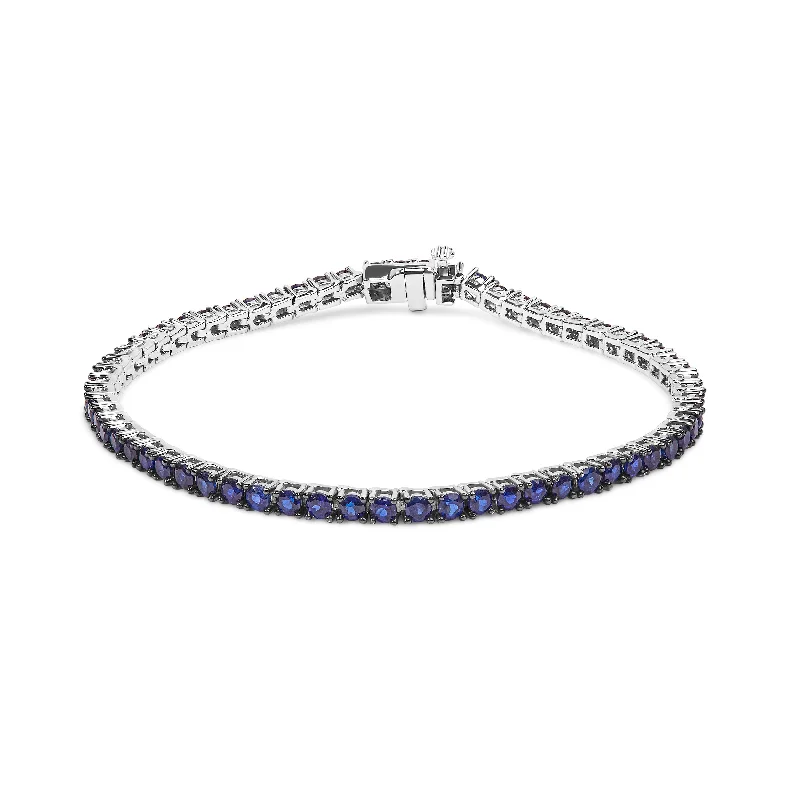 .925 Sterling Silver 5 3/4 Cttw Round Created Blue Sapphire Tennis Bracelet