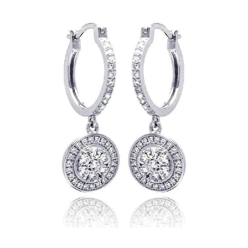 luxury crystal earrings for women -Silver 925 Rhodium Plated Micro Pave Clear Round CZ Wire Dangling huggie hoop Earrings - ACE00059