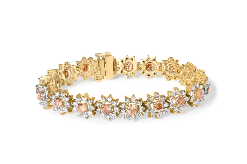 14K Yellow Gold 8.00 Cttw Champagne Diamond Floral Cluster Halo Link Bracelet