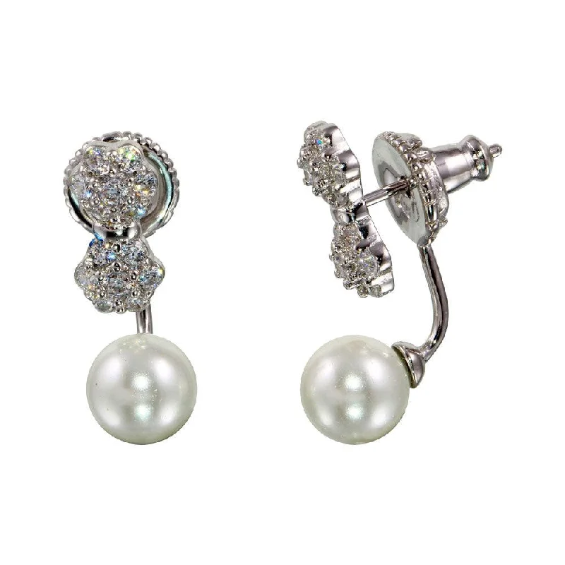 glamorous earrings for women -Rhodium Plated 925 Sterling Silver CZ Flowers Pearl Drop Front and Back Earrings - BGE00564