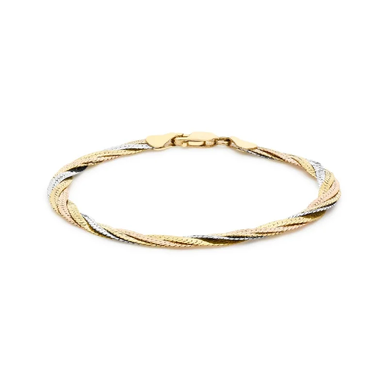 9K 3-Colour Gold 4-Plait Textured Herringbone Bracelet 7.5"