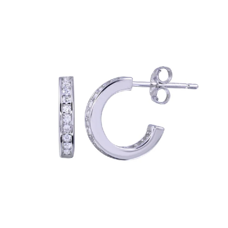 flower-shaped earrings for women -Rhodium Plated 925 Sterling Silver Semi-Hoop CZ Earring - STE01313