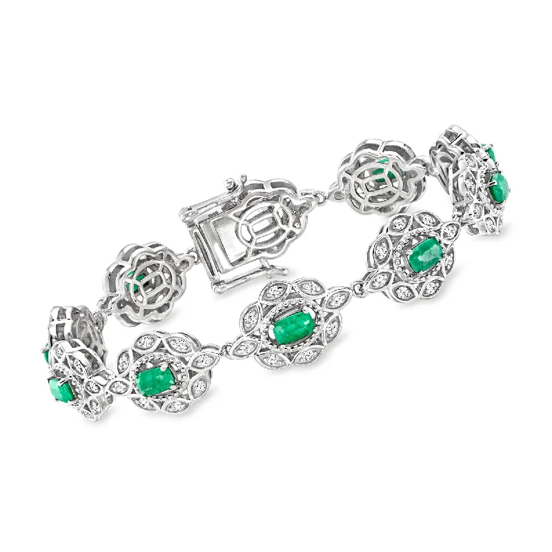 Ross-Simons Emerald and White Topaz Link Bracelet in Sterling Silver