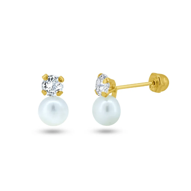 dangle earrings for women -14E00267. - 14 Karat Yellow Gold CZ with Pearl Screw Back Stud Earrings