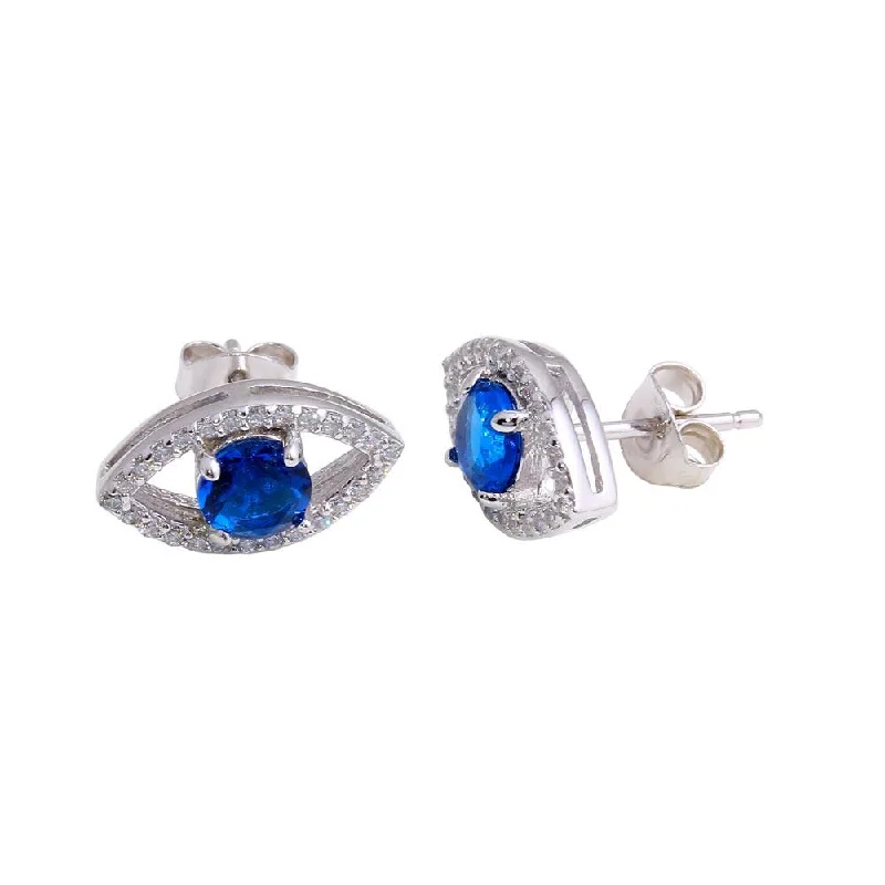 luxury gemstone earrings for women -Rhodium Plated 925 Sterling Silver Blue CZ Center Evil Eye Stud Earrings - BGE00600