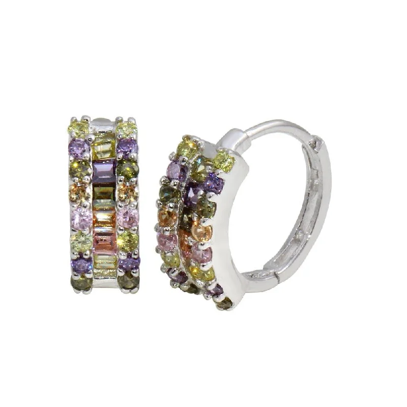 flower-shaped earrings for women -Rhodium Plated 925 Sterling Silver Multi-Colored CZ Stone huggie hoop Earrings - GME00064RBC