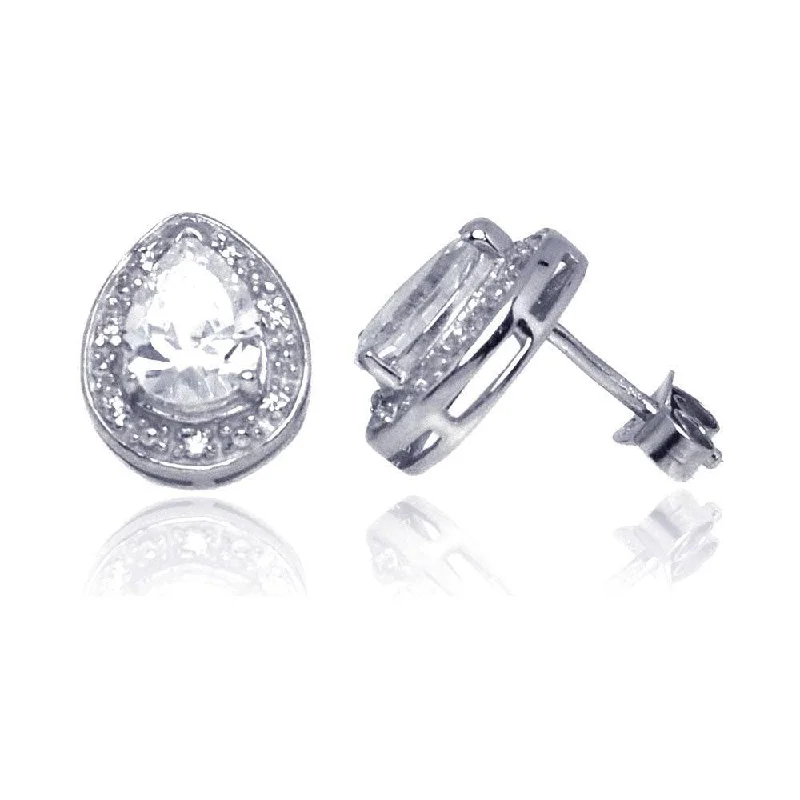 stacked earrings for women -Silver 925 Rhodium Plated Teardrop CZ Stud Earrings - STE00930