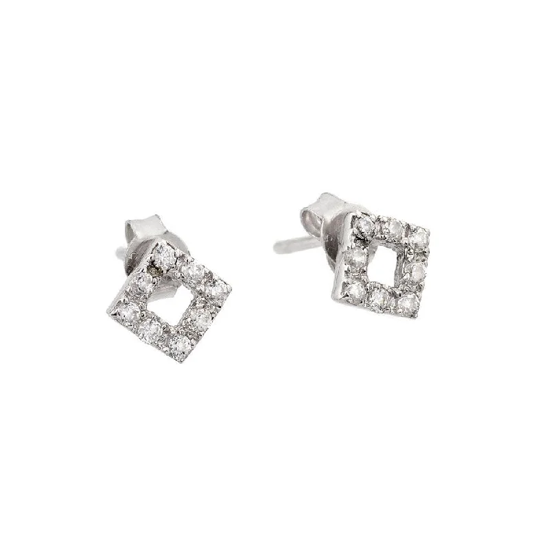 geometric earrings for women -Rhodium Plated 925 Sterling Silver Open Square Stud Earrings with CZ - STE00492