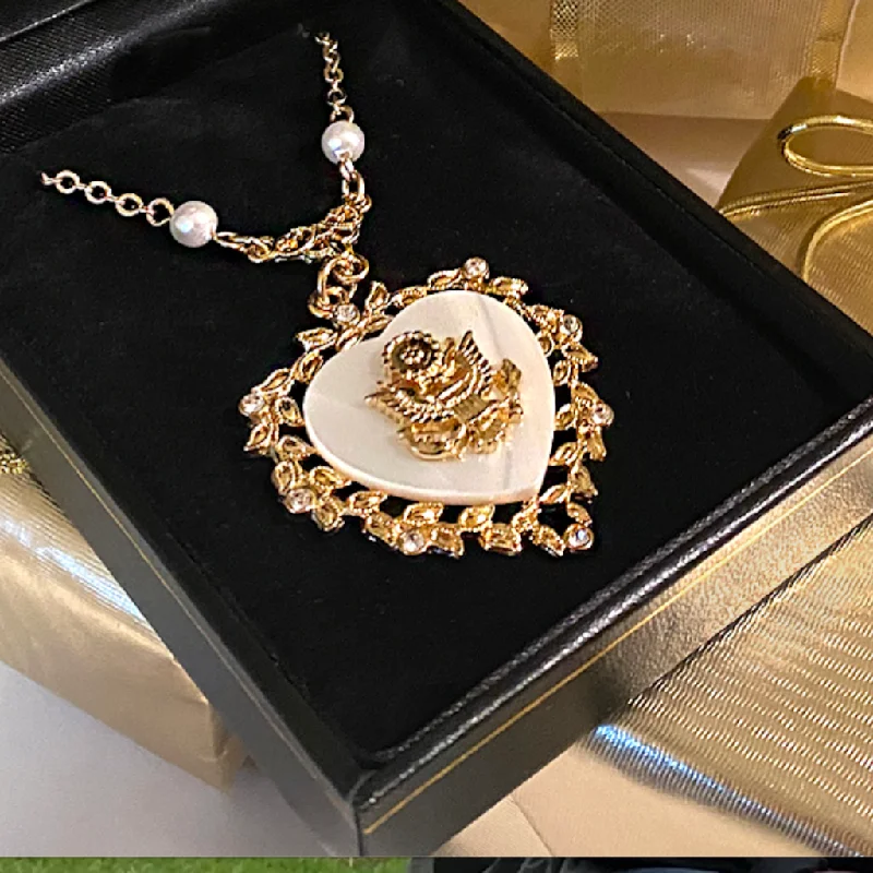 sparkling crystal necklaces for women -Mother of Pearl Heart with Great Seal Necklace