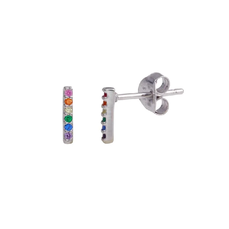 classic earrings for women -Rhodium Plated 925 Sterling Silver Stud Bar Earrings with Multi-Colored CZ - BGE00610