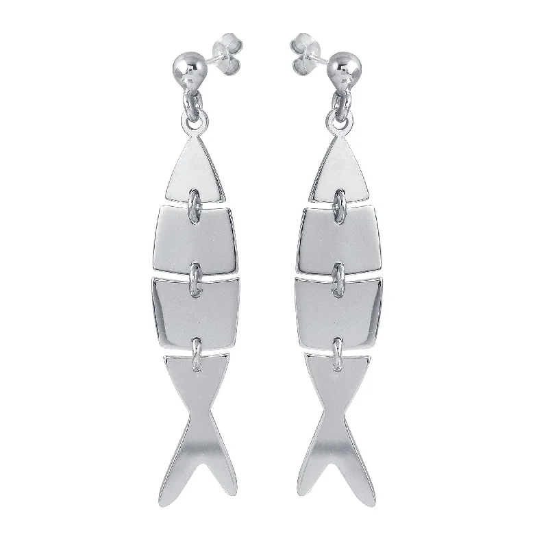 glamorous earrings for women -Rhodium Plated 925 Sterling Silver Dangling Flexible Fish Earrings - SOE00027