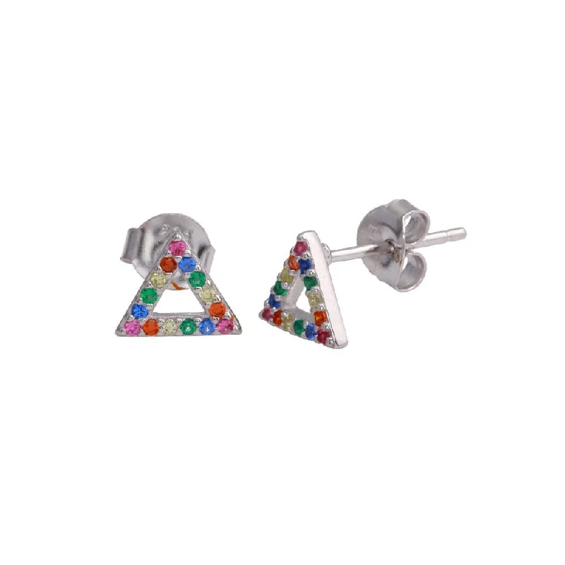 unique earrings for women -Rhodium Plated 925 Sterling Silver Open Triangle Stud Earrings with Multi-Colored CZ - BGE00611