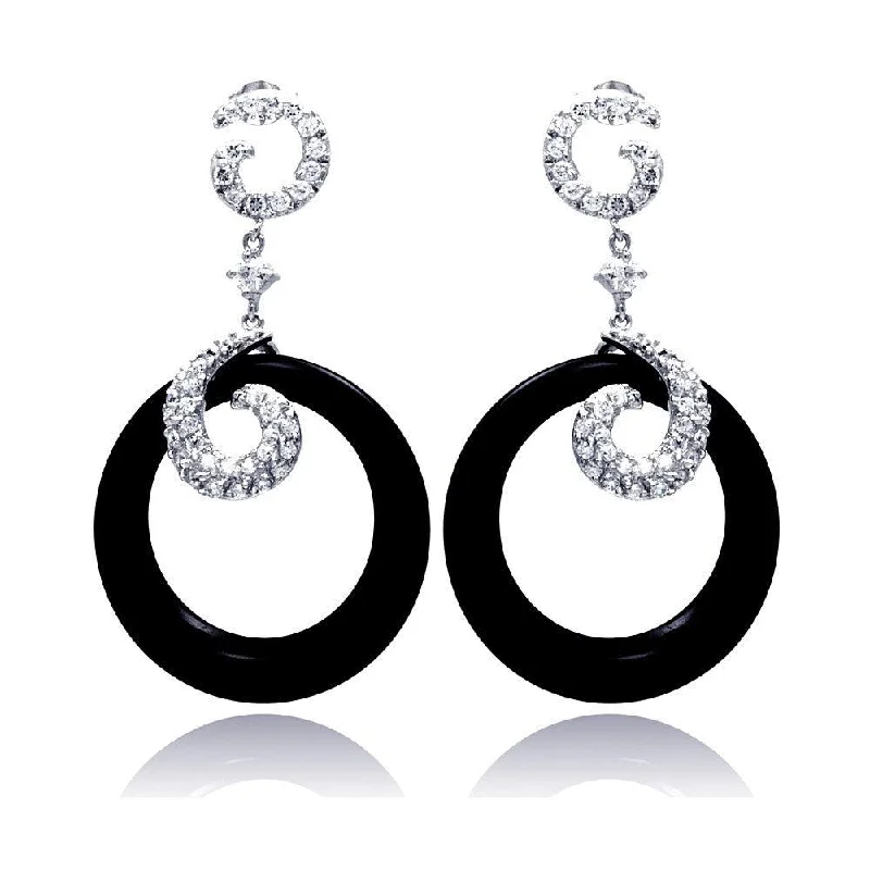 creative earrings for women -Clearance-Silver 925 Rhodium Plated Coil J hook CZ Black Round Onyx Dangling Stud Earrings - STE00530