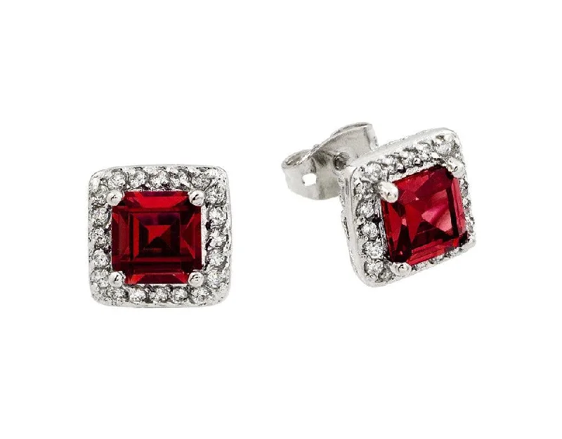 luxury gemstone earrings for women -Silver 925 Rhodium Plated Red Square CZ Stud Earrings - BGE00359R