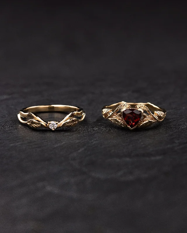 white gold engagement rings -Nature themed engagement ring set with garnet and diamond / Clematis