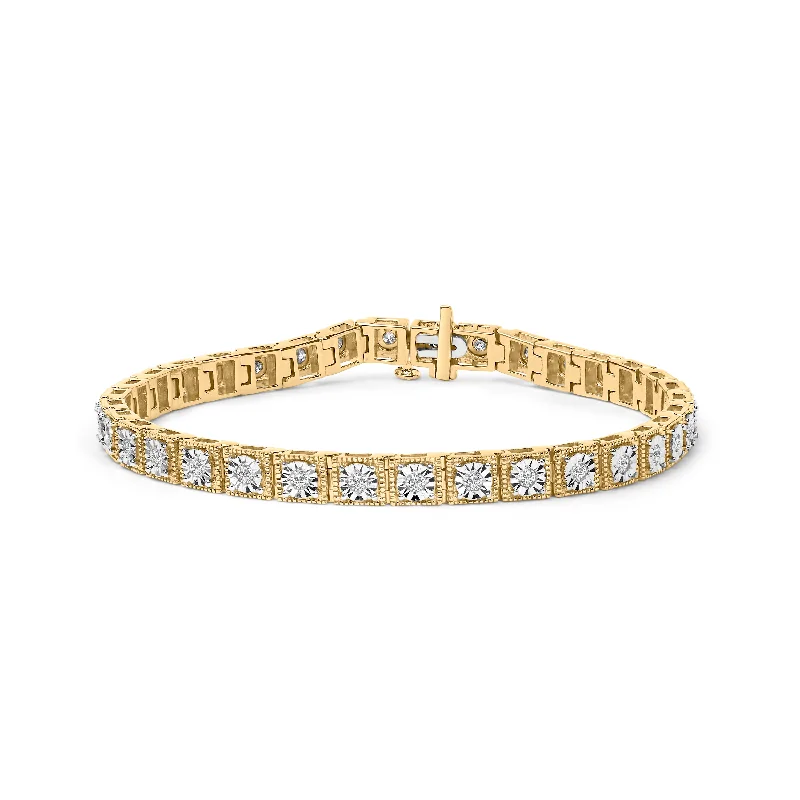 14K Yellow Gold Plated .925 Sterling Silver 1.0 Cttw Miracle Set Diamond Milgrain Link Tennis Bracelet