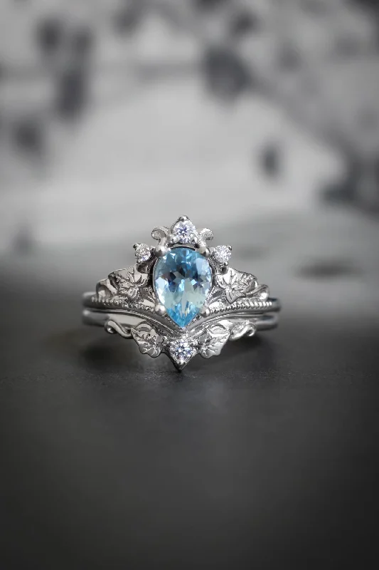 cubic zirconia engagement rings -Aquamarine white gold ring set, pear cut / Ariadne