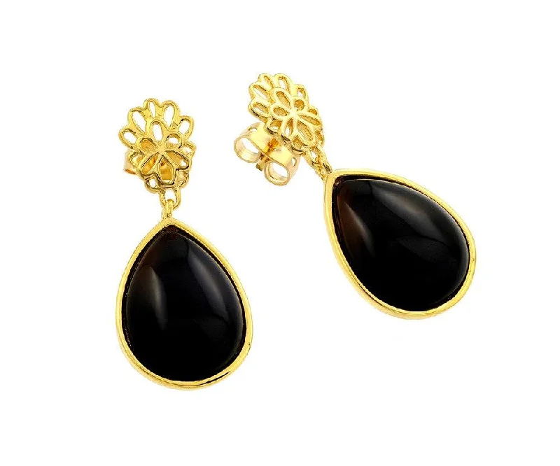 colorful gemstone earrings -Silver 925 Gold Plated Open Flower Teardrop Onyx Dangling Stud Earrings - BGE00365