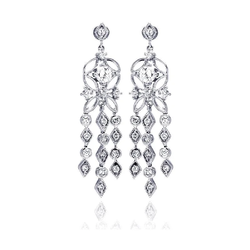 women’s silver hoop earrings -Silver 925 Rhodium Plated Star Round Marquis CZ Three Strand Dangling Stud Chandelier Earrings - BGE00194