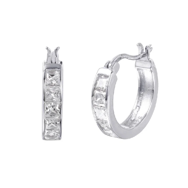 intricate design earrings for women -Silver 925 Rhodium Plated Hoop Square CZ Earrings - STE00732