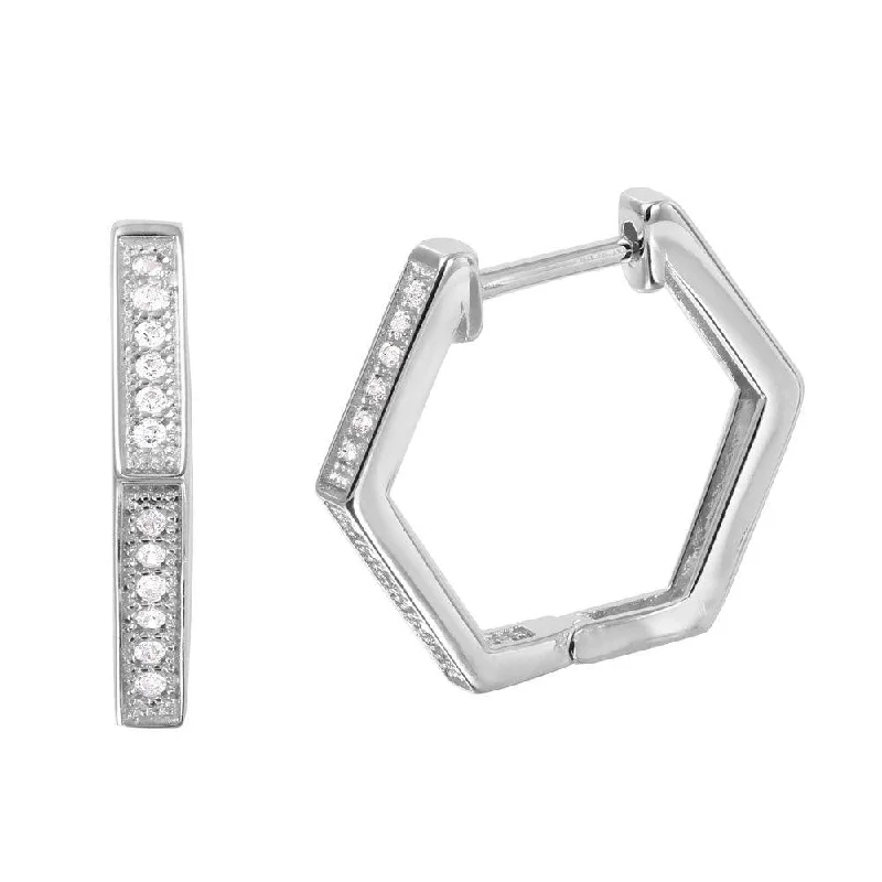 twisted earrings for women -Silver 925 Rhodium Plated Thin Octagon CZ Hoop Earrings - GME00033RH