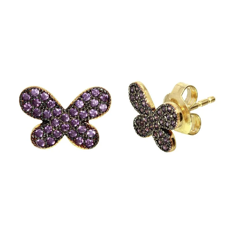 women’s diamond stud earrings -Gold Plated 925 Sterling Silver Butterfly Studs Earrings with Purple CZ Stones - GME00097GB