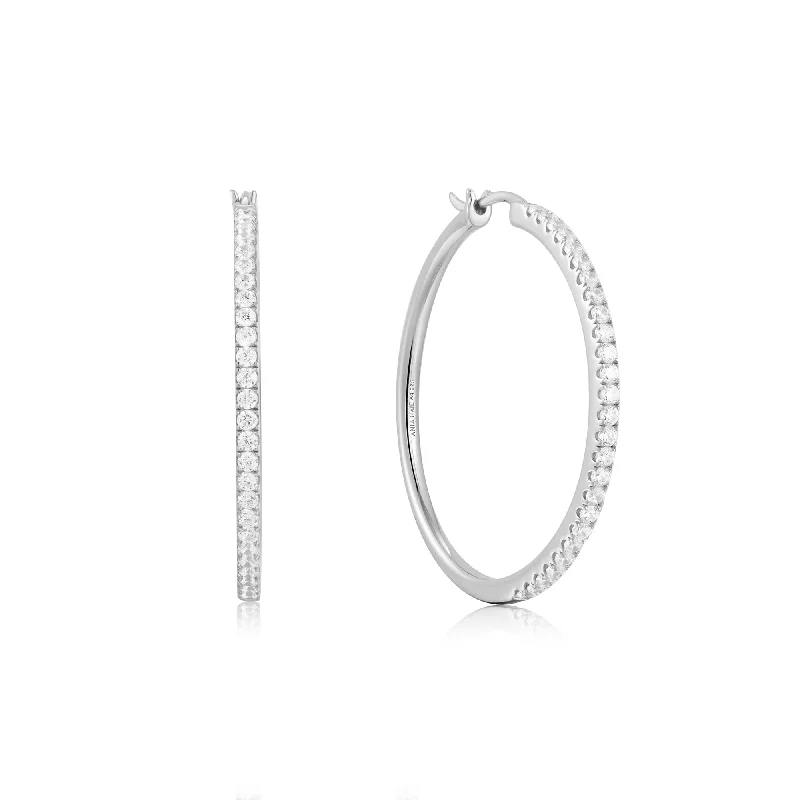 sparkling earrings for women -Silver Pave Hoop Earrings