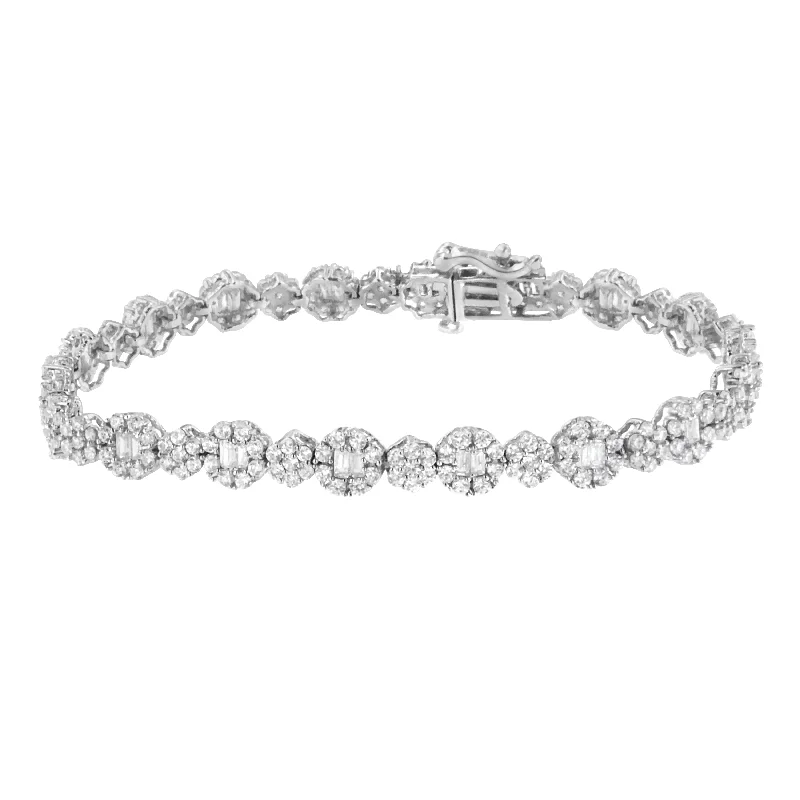 10K White Gold 4.0 cttw Brilliant Round-cut and Baguette Diamond Floral Cluster Link Bracelet