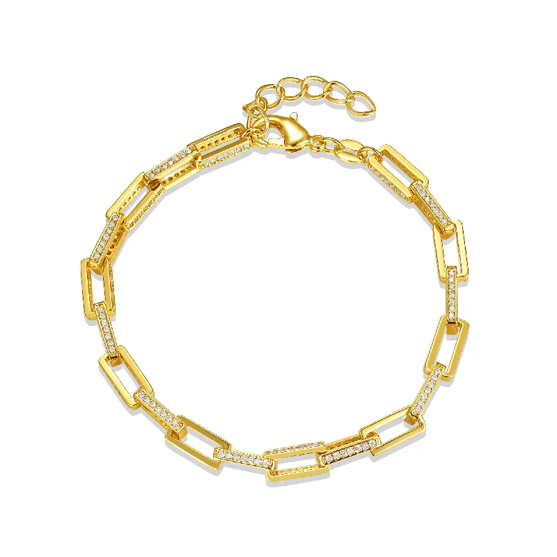 Rg 14k Gold Plated with Diamond Cubic Zirconia Rectangular Cable Link Adjustable Bracelet