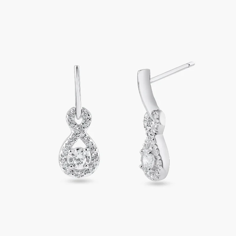 glamorous earrings for women -Silver 925 Rhodium Plated Ribbon CZ Dangling Stud Earrings - BGE00222