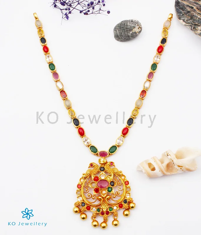 pendant necklaces for women -The Sachi Silver Peacock Navaratna Necklace