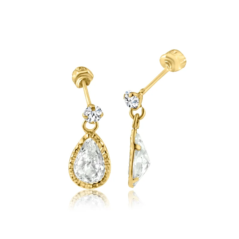 custom-made earrings for women -14E00266. - 14 Karat Yellow Gold CZ Teardrop Dangling Screw Back Stud Earrings