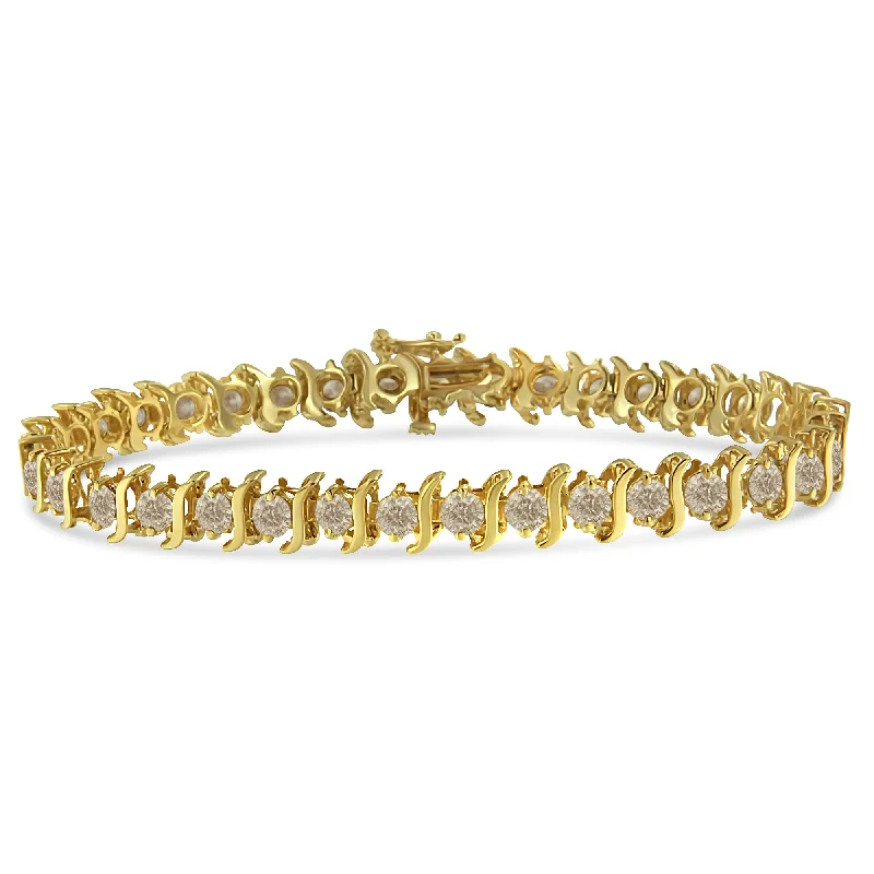 10K Yellow Gold Plated .925 Sterling Silver 7.0 cttw 2-Prong Set Round Brilliant Cut Diamond "S" Link Bracelet