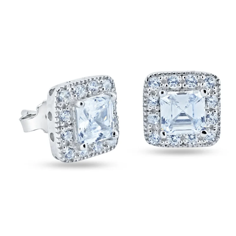 bohemian earrings for women -Silver 925 Rhodium Plated Square Cluster CZ Stud Earrings - STE00451