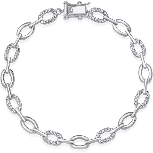 CRISLU Pave Oval Link Bracelet Finished in Pure Platinum- 7 Inches