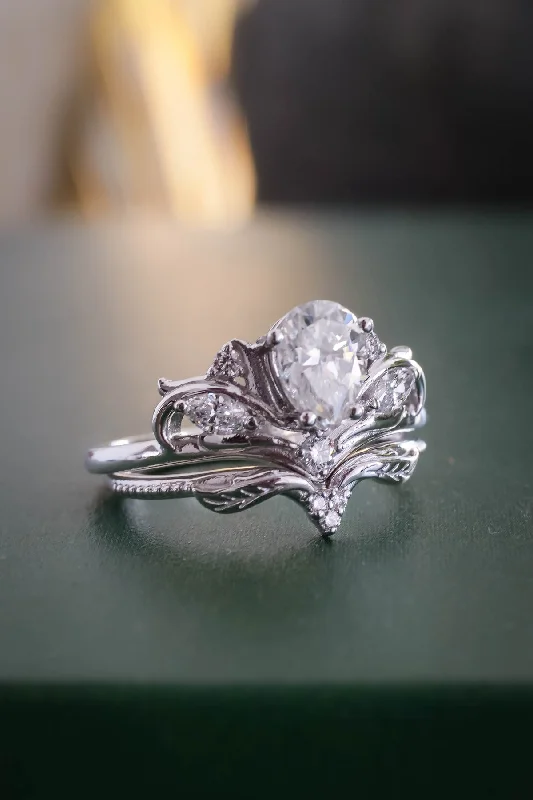 romantic engagement rings for women -Unique bridal ring set with pear cut lab grown diamond / Swanlake