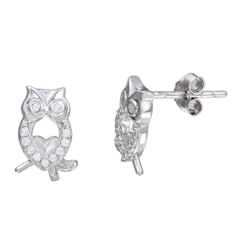 gold hoop earrings for women -Rhodium Plated 925 Sterling Silver Owl CZ Stud Earrings - STE01104