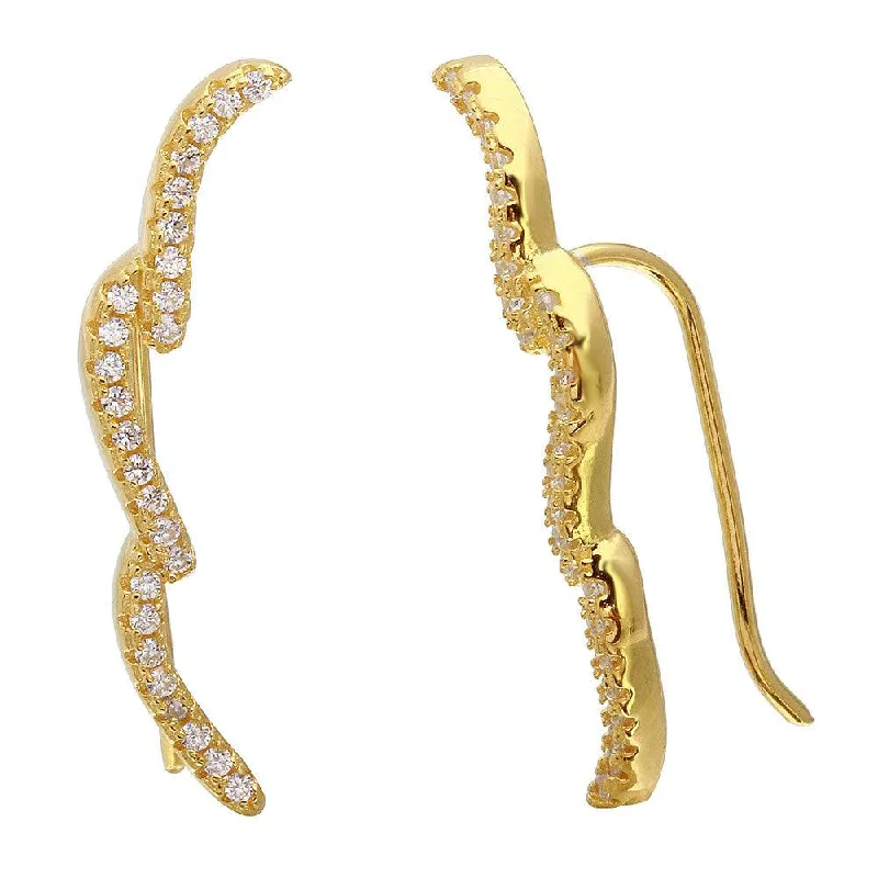 stacked earrings for women -Gold Plated 925 Sterling Silver 3 CZ Waves Climbing Earrings - STE01075GLD