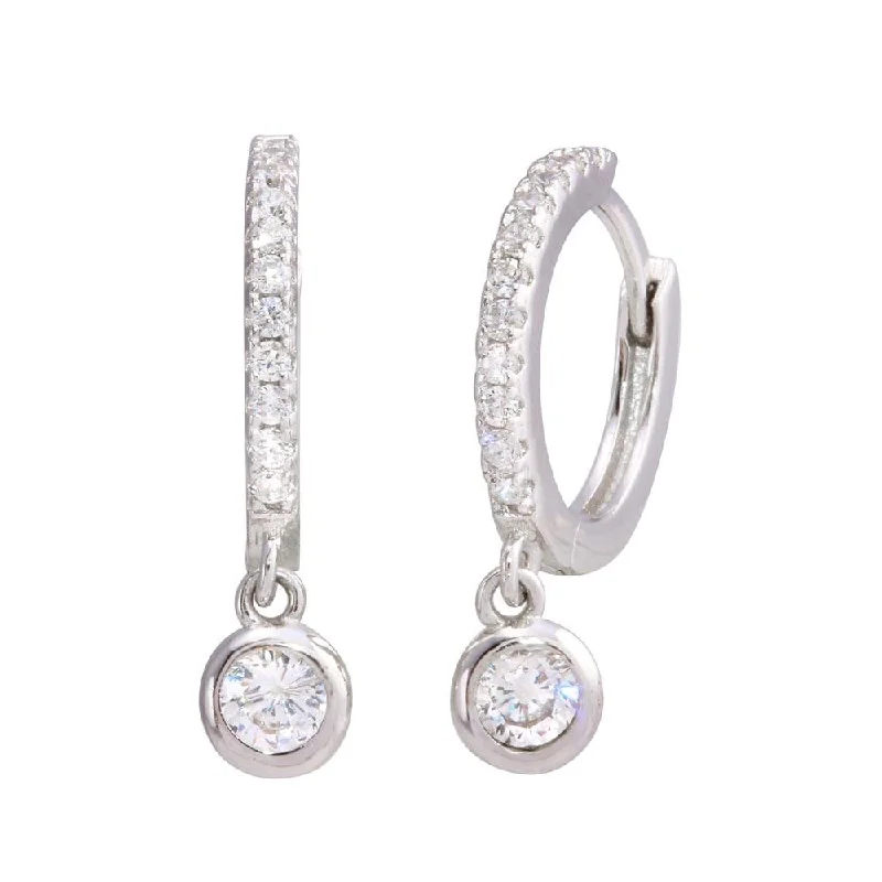 handmade earrings for women -Rhodium Plated 925 Sterling Silver Dangling CZ huggie hoop Earrings - STE01210