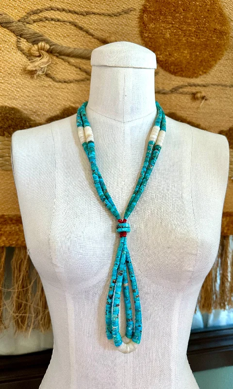 gemstone necklaces for women -SANTO DOMINGO Vintage 2 Strand Turquoise Coral & Shell Necklace • 154g