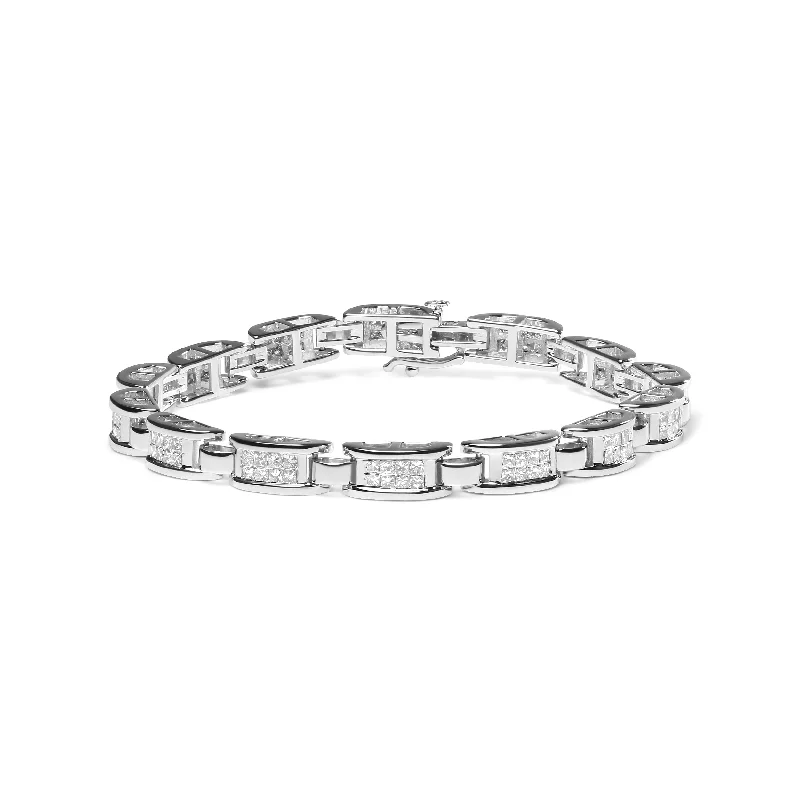 14K White Gold 3.0 Cttw Invisible Set Princess Cut Diamond Link and Buckle 7.25" Tennis Bracelet