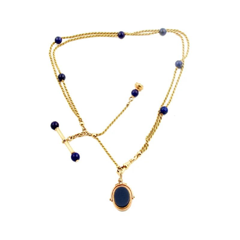 gold pendant necklaces for women -Antique French Watch Chain Lapis x 18KT Gold