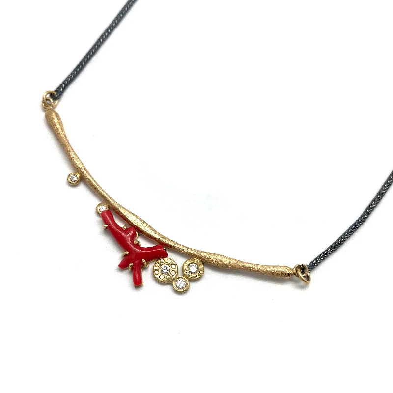 wedding gift necklaces for women -18k Gold, Coral and Diamond Necklace