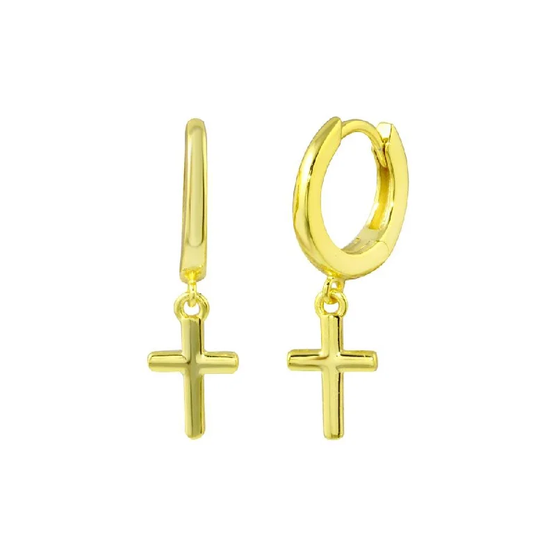 designer diamond earrings for women -Gold Plated 925 Sterling Silver huggie hoop Cross Earring - STE01300GP